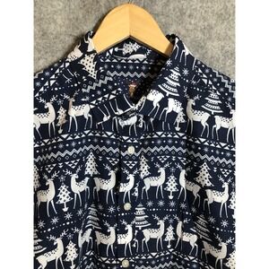 Simon Banks Shirt Mens Large 15.5 Blue Reindeer Nordic Winter Holiday Christmas